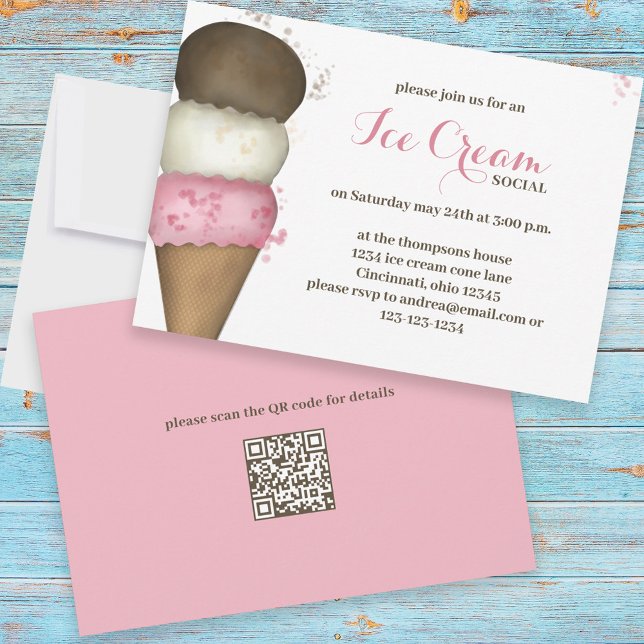 Invitation Aquarelle mignonne Whimsical Glace Cream Social QR (Créateur téléchargé)