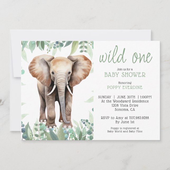 Invitation Aquarelle mignonne Wild One Elephant Baby shower (Devant)