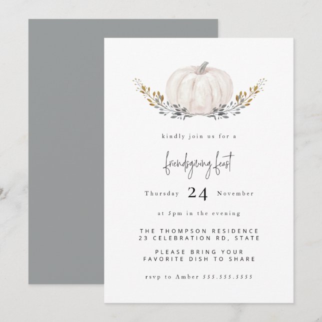 Invitation Aquarelle minimale Citrouille Gold Leaf Friendgivi (Devant / Derrière)