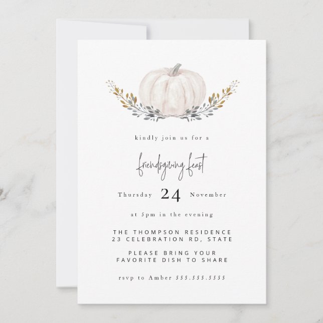 Invitation Aquarelle minimale Citrouille Gold Leaf Friendsgiv (Devant)