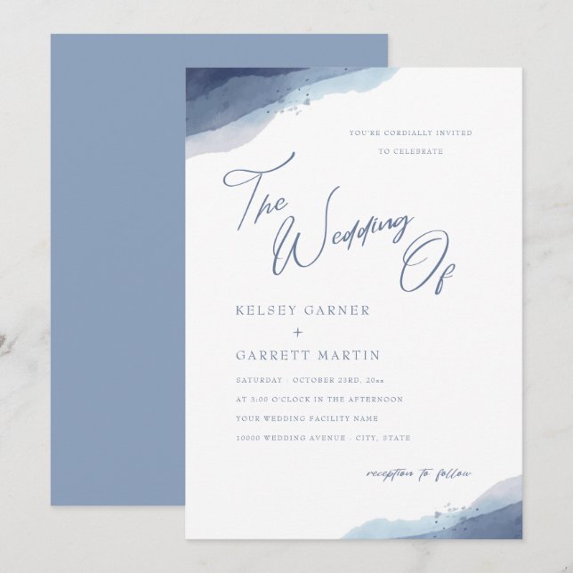 Invitation Aquarelle minimale Dusty Blue Calligraphy Mariage (Devant / Derrière)