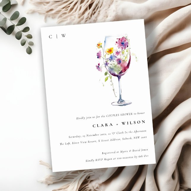 Invitation Aquarelle minimale Flora Vin Coupler de verre Douc (Créateur téléchargé)