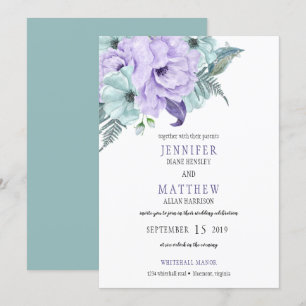 Invitation Aquarelle Mint Lavender Purple Peony Mariage