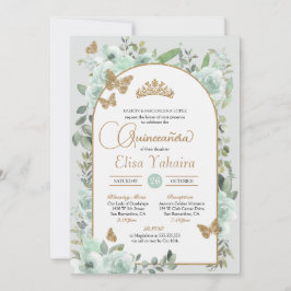 Invitation Aquarelle Mint Vert Floral Papillon Quinceañera