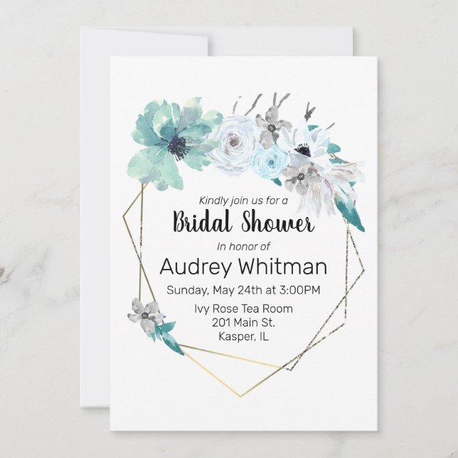 Invitation Aquarelle Mist Blue Grey Turquoise Floral Gold Fra (Devant)