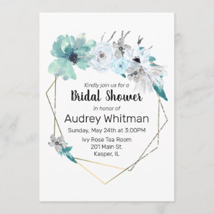 Invitation Aquarelle Mist Blue Grey Turquoise Floral Gold Fra