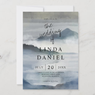 Invitation Aquarelle Misty mountain indigo bleu mariage