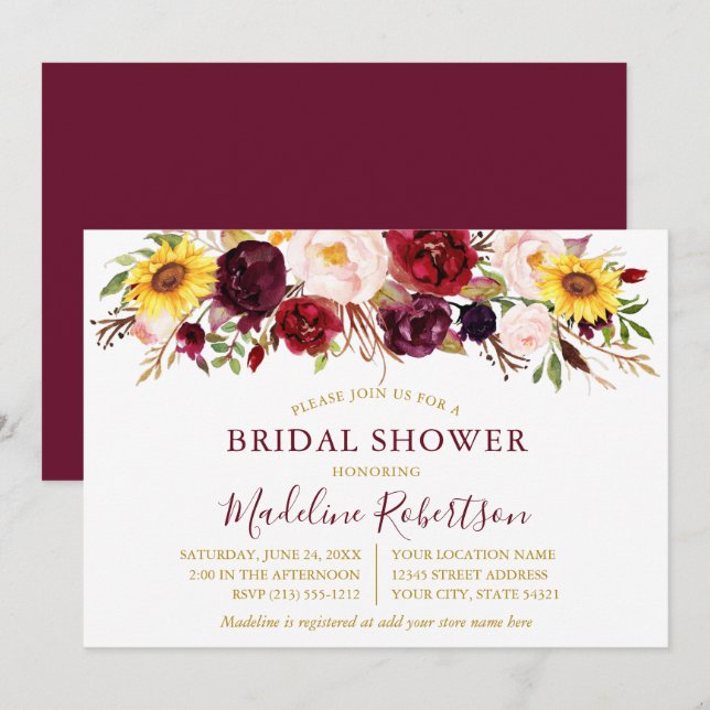Invitation Aquarelle Mixte Floral Bourgogne Douche Or (Devant / Derrière)