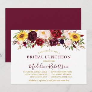 Invitation Aquarelle Mixte Floral Bourgogne Gold Bridal Lunch