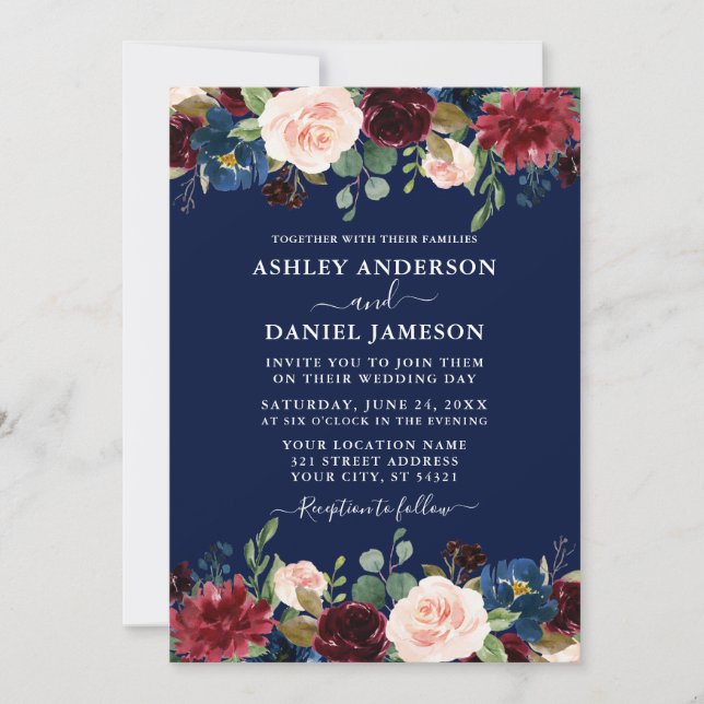 Invitation Aquarelle Mixte Floral Bourgogne Mariage bleu (Devant)