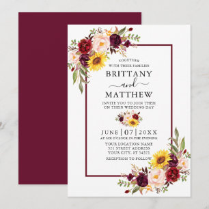 Invitation Aquarelle Mixte Floral Bourgogne Mariage cadre