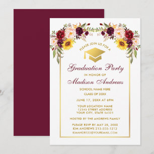 Invitation Aquarelle Mixte Floral Gold Graduation Party
