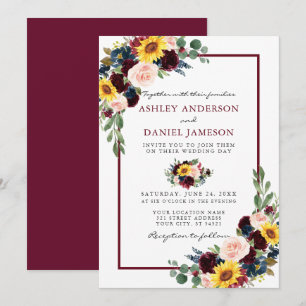 Invitation Aquarelle Mixte Floral Mariage Bourgogne Cadre