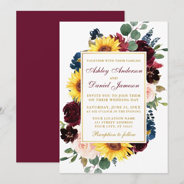 Invitation Aquarelle Mixte Floral Mariage Bourgogne Or (Devant / Derrière)