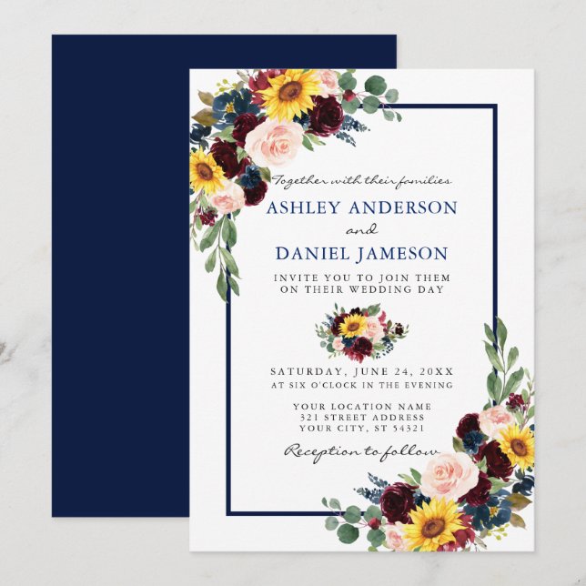 Invitation Aquarelle Mixte Floral Mariage Cadre bleu (Devant / Derrière)