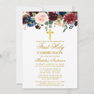 Invitation Aquarelle Mixte Floral Première Communion Or