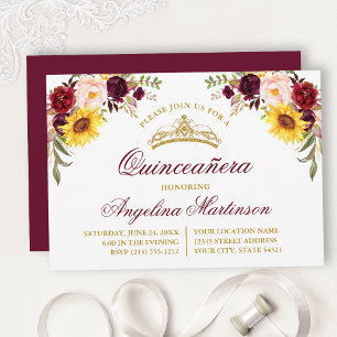 Invitation Aquarelle Mixte Florale Bourgogne Quinceanera Part