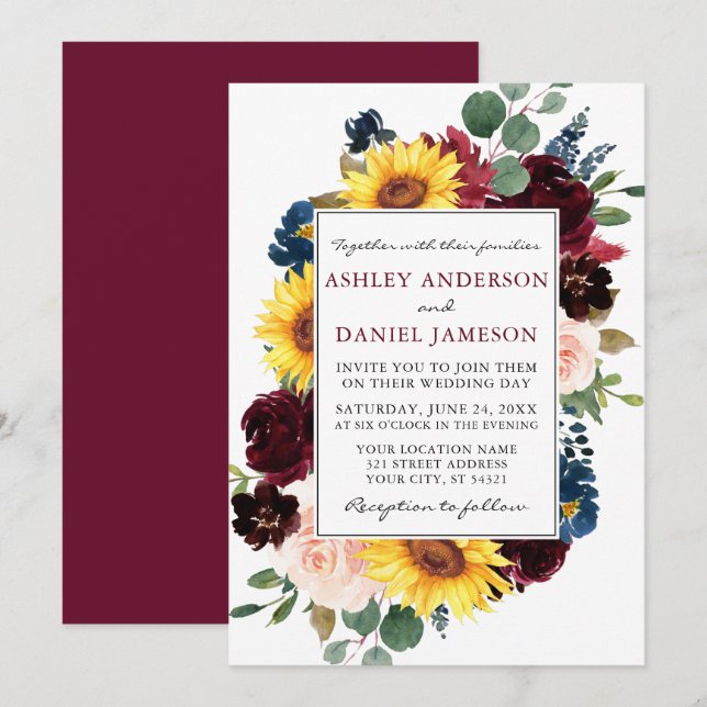 Invitation Aquarelle Mixte Mariage de cadre Floral Bourgogne (Devant / Derrière)