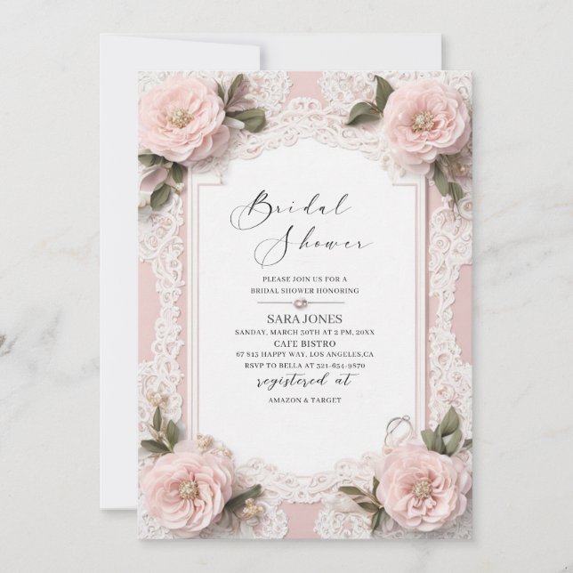 Invitation Aquarelle moderne 3D Fleurs roses Fête des mariées (Devant)