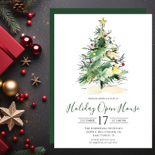Invitation Aquarelle moderne Arbre de Noël Open House
