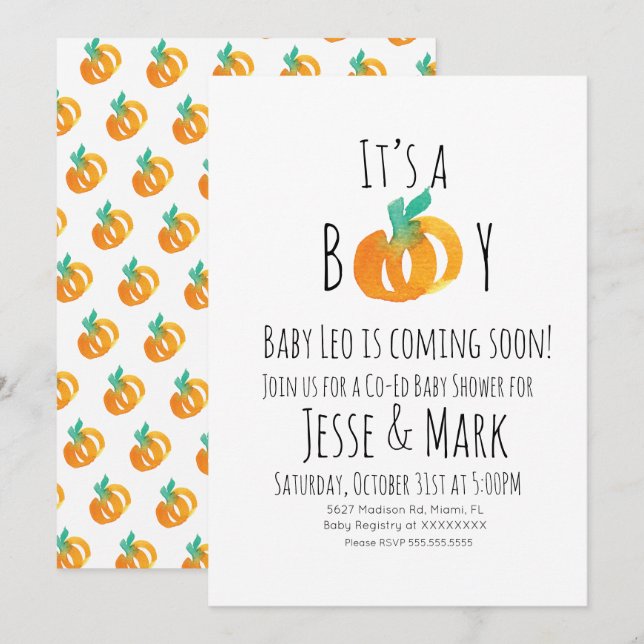Invitation Aquarelle moderne Baby shower Citrouille minuscule (Devant / Derrière)