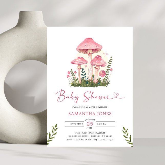 Invitation Aquarelle moderne Baby shower de champignon rose (Créateur téléchargé)