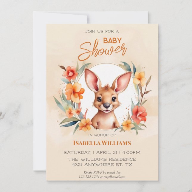 Invitation Aquarelle moderne Baby shower Kangaroo (Devant)