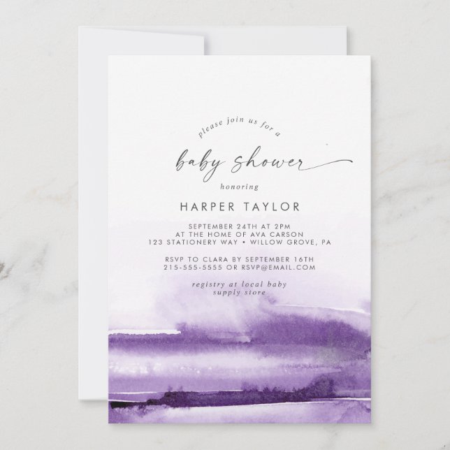 Invitation Aquarelle moderne | Baby shower pourpre (Devant)