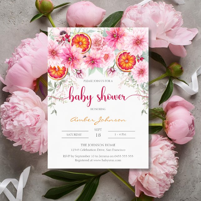 Invitation Aquarelle moderne Baby shower rose et agrumes (Girl baby shower invitation, pink watercolor flowers and citrus, baby shower)