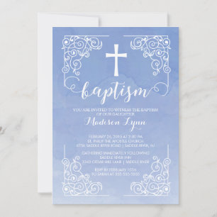 Invitation Aquarelle moderne Baptême Croix de baptême
