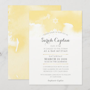 Invitation Aquarelle moderne bat mitzvah jaune pâle gris