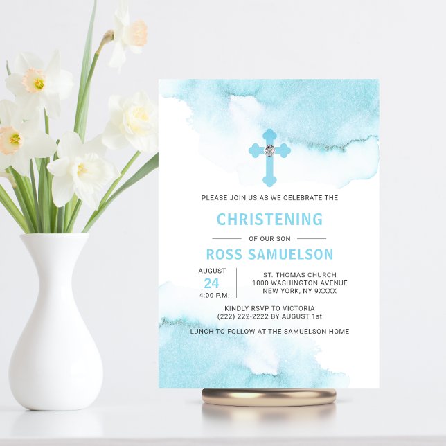 Invitation Aquarelle moderne bleu garçon Baptême Christening  (Créateur téléchargé)