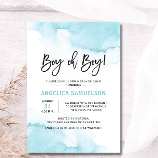 Invitation Aquarelle moderne bleu garçon Oh Baby shower de ga