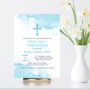 Invitation Aquarelle moderne Bleu GARÇON Sainte Communion