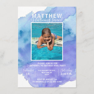 Invitation Aquarelle moderne Bleu PISCINE Garçon fête d'anniv