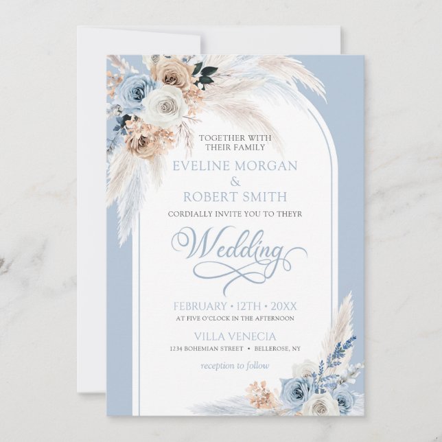 Invitation Aquarelle moderne bleu rose pampas arc tropical (Devant)