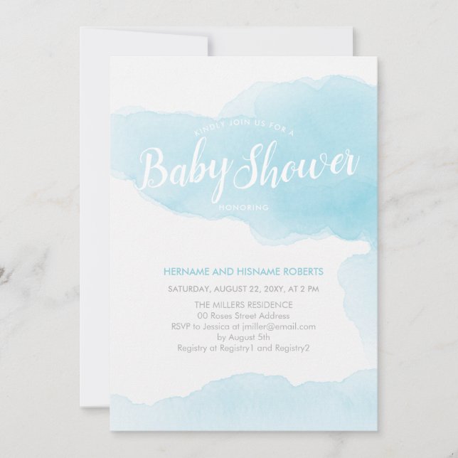 Invitation Aquarelle Moderne Bleu Splash Baby shower propre (Devant)