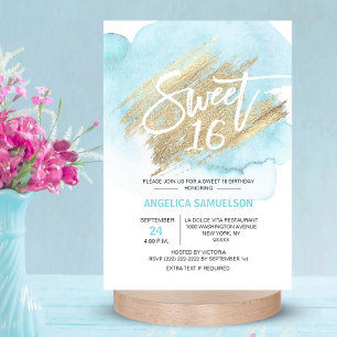 Invitation Aquarelle Moderne Bleue Sweet 16 Seize 3,5x5"