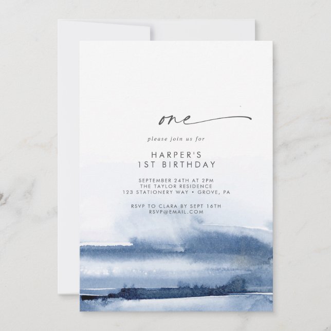 Invitation Aquarelle moderne | Blue First Birthday Party (Devant)