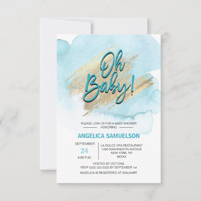 Invitation Aquarelle moderne Blue Gold Oh Baby shower (Devant)