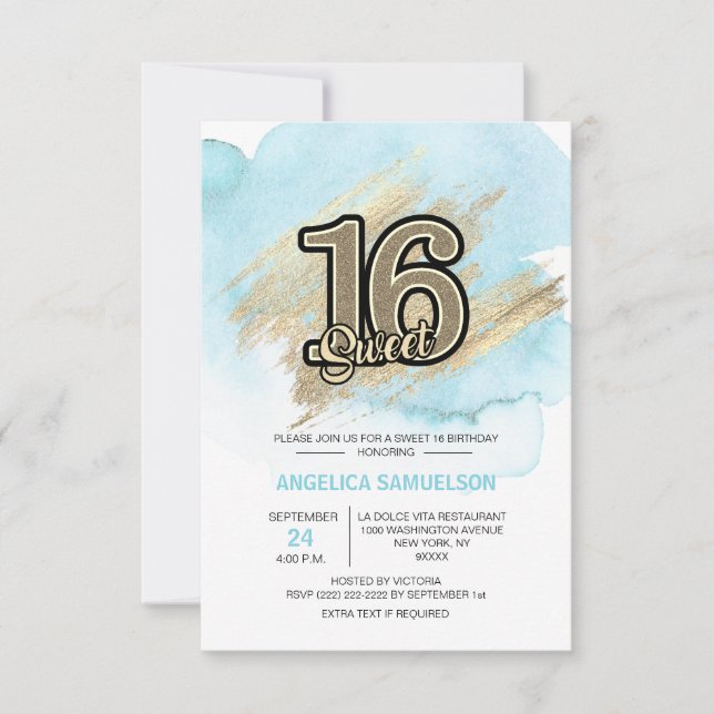 Invitation Aquarelle moderne Blue Gold Sweet 16 Seize (Devant)