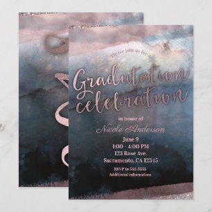 Invitation Aquarelle moderne Blue Rose Gold Graduation 2018