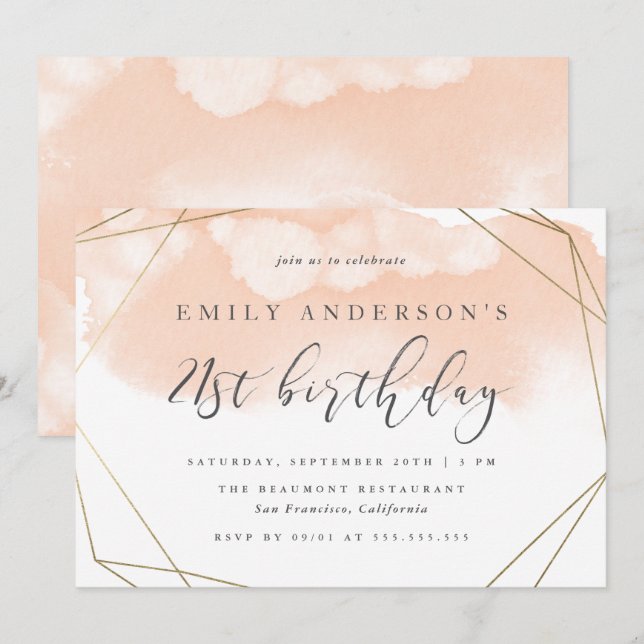 Invitation Aquarelle moderne Blush Géométrique 21e anniversai (Devant / Derrière)