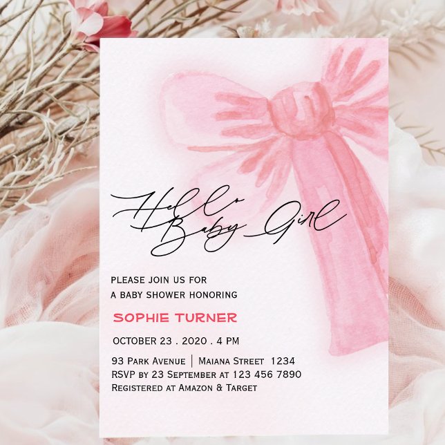 Invitation Aquarelle moderne Blush Pink Bow Girl Baby shower (Créateur téléchargé)