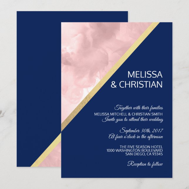 Invitation Aquarelle moderne Blush rose & Mariage bleu marine (Devant / Derrière)
