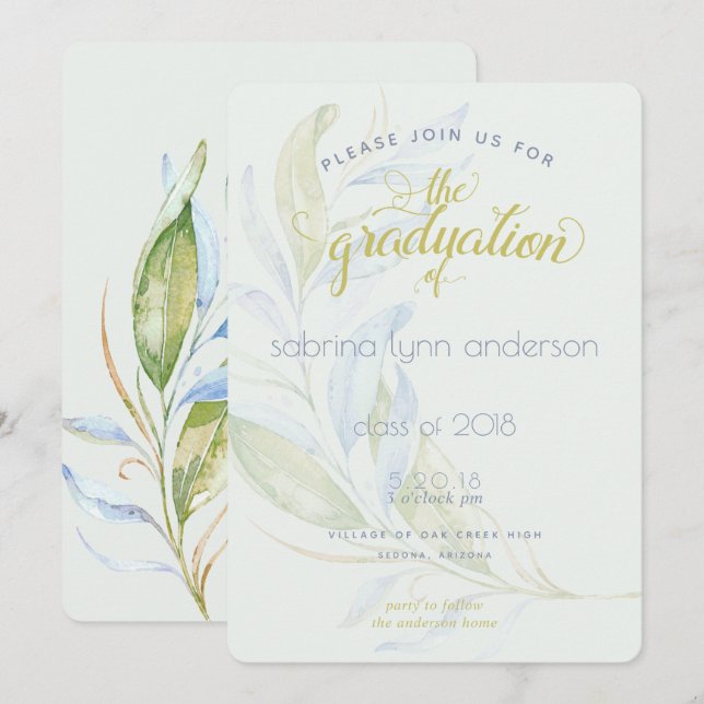 Invitation Aquarelle Moderne Boho Branches en feuilles (Devant / Derrière)