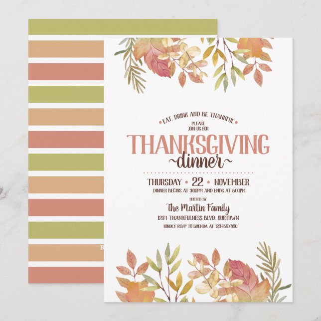 Invitation Aquarelle moderne Botanique Thanksgiving Dîner (Devant / Derrière)