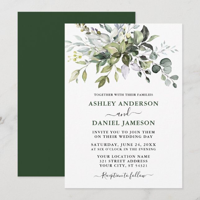 Invitation Aquarelle moderne Botanique Vert Mariage Vert (Devant / Derrière)