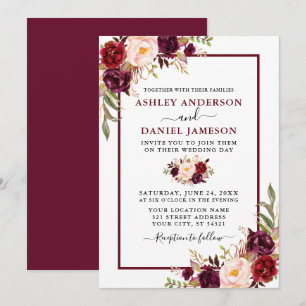 Invitation Aquarelle moderne Bourgogne Floral Mariage