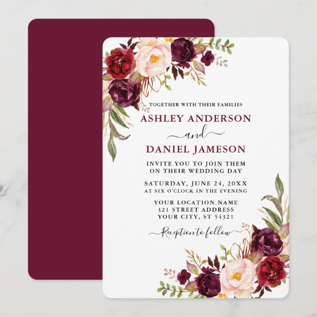 Invitation Aquarelle moderne Bourgogne Floral Mariage (Devant / Derrière)